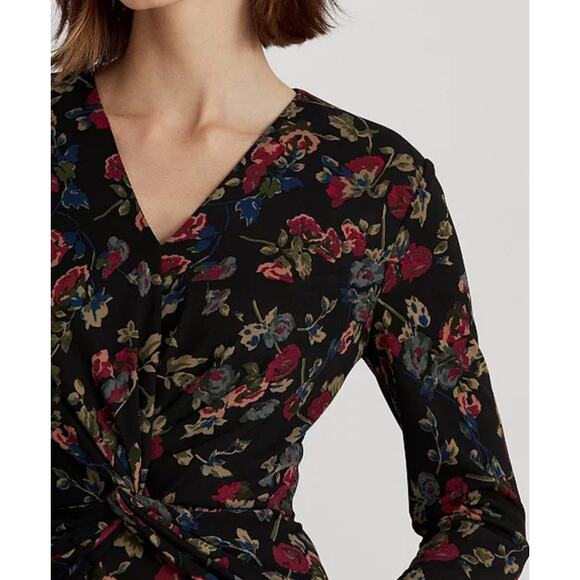 Lauren Ralph Lauren Floral Surplice Jersey Dress Black Multi Women's 6 NWT - Picture 3 of 10